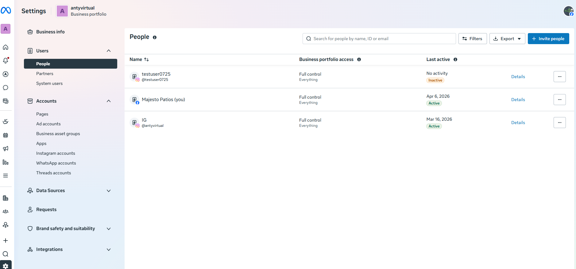 Meta Business Suite settings