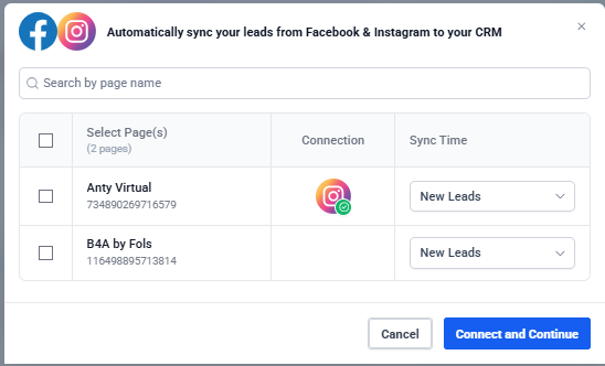 Connect page and Instagram then continue