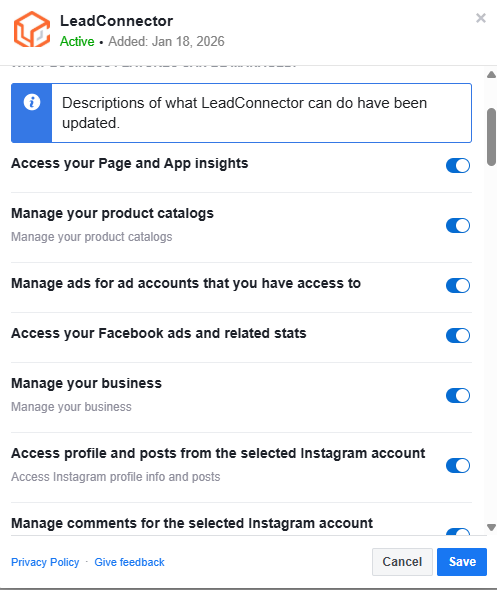 LeadConnector active permissions granted