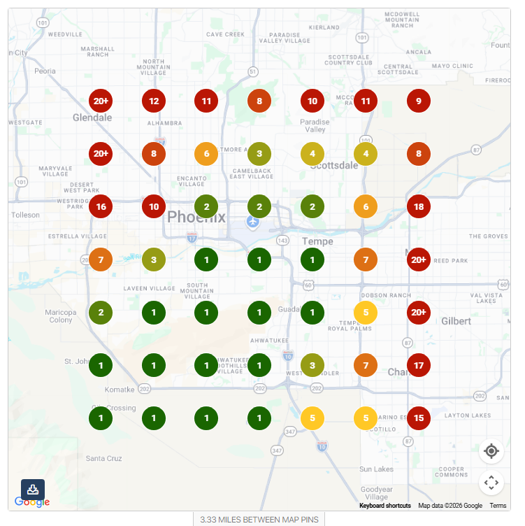 Example local Google Maps ranking heat map across a 10 mile radius