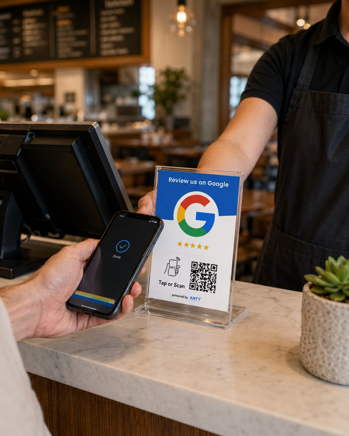 A customer tapping an Anty Card with their phone to leave a Google review