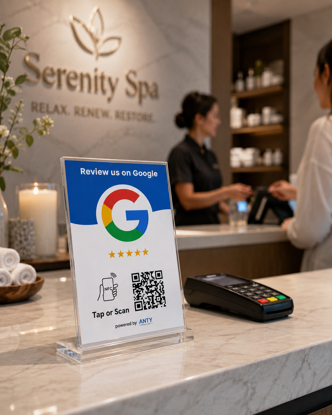 An Anty Card on a front desk counter, ready for customers to tap